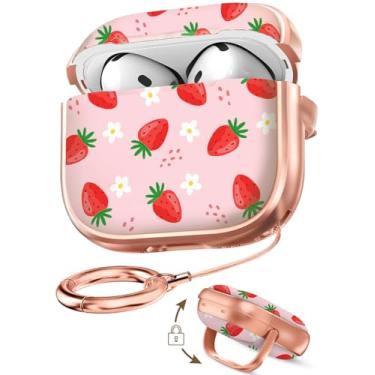 Imagem de Coralogo Capa protetora rígida para AirPods 4 com trava de segurança – desenho fofo para mulheres, meninas, moda, elegante, estampa de morango, kawaii, feminina, capa protetora rígida para AirPods 4ª