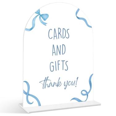 Imagem de Placa de cartões e presentes - Placa de chá de bebê com laço azul, 1 pacote de placa de acrílico com suporte, decoração de mesa de festa reveladora de gênero, suprimentos de chá de bebê azul (SP09)