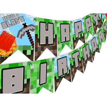 Imagem de Banner de feliz aniversário para jogos Pixel Blast - Suprimentos de festa de pixel - Decorações de festa de mineiro - explosão