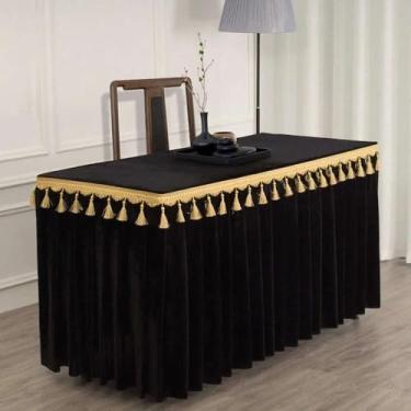 Imagem de Toalha de mesa de veludo dourado para conferências, exposições, pendurada, com franjas, para saia de mesa com borlas, retangular, preta, 120x60x75 cm