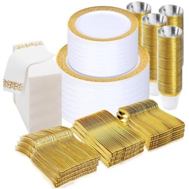 Imagem de Conjunto de louça de 700 peças para casamento e festa, 100 pratos de plástico, 100 talheres de plástico, 100 xícaras, 100 guardanapos de linho (prata)