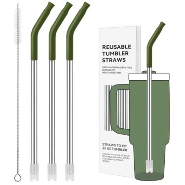 Imagem de Prurex Canudos de metal reutilizáveis com ponta de silicone para Stanley 850 g, canudos de aço inoxidável para copo de 850 g, 3 tubos retos e 6 pontas e 1 escova Cleanr (pinheiro seco)