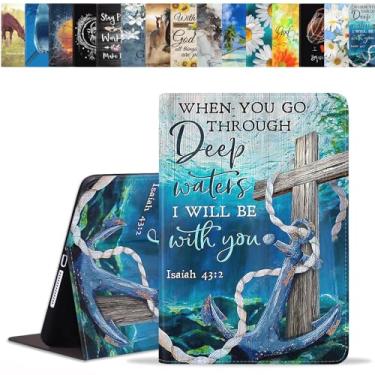 Imagem de BWOOLL Capa para Samsung Galaxy Tab A9 Plus modelo 2023 de 11 polegadas (SM-X210/X216/X218), cruz cristã e citação âncora, versículo bíblico, design Isaías 43:2, capa fina de couro PU com suporte para