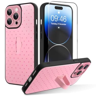 Imagem de OOK Capa para iPhone 14 Pro Max com protetor de tela, linda capa de telefone de bolinhas com alça de dedo ajustável, proteção total para mulheres e meninas - rosa
