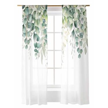 Imagem de Cortinas transparentes de folhas de eucalipto verde 213 cm de comprimento em aquarela planta fundo branco conjunto de 2 painéis de cortina de chiffon transparente cortinas semitransparentes para sala