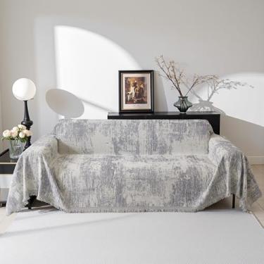 Imagem de MEETSKY Capa de sofá Boho para sofá com 3 almofadas, compatível com animais de estimação, abstrata, geométrica, lavável, capa de sofá com borla, 231 x 340 cm, cinza claro