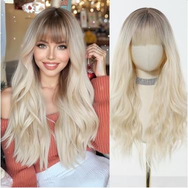 Imagem de Esmee Peruca loira de 66 cm de comprimento com franja, cabelo sintético natural, loiro ombré ondulado, com raízes escuras para mulheres, uso diário, cosplay
