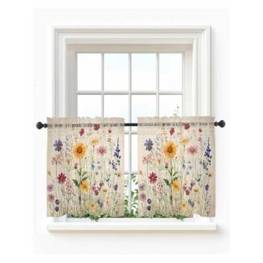 Imagem de Cortinas transparentes florais botânicas para quarto, sala de estar, janela, 91 cm de comprimento, retrô, roxo, rosa, amarelo, flores silvestres, bolso de haste, cortinas de voile, cortinas de cozinha