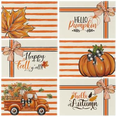 Imagem de Jogo americano Happy Fall Hello Pumpkin Conjunto de 6, listras laranja, folhas de bordo, abóboras, caminhão, mesa, mesa de jantar, decoração de jantar, 30,5 x 45,7 cm