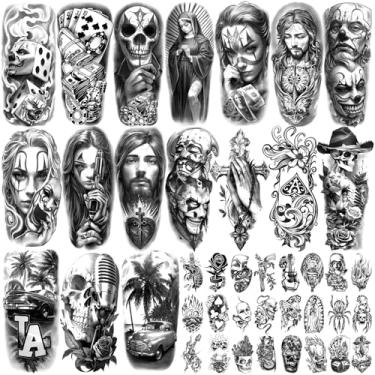 Imagem de Yazhiji Tatuagens temporárias impermeáveis para adultos, tatuagem falsa grande Chicano Guadalupe Gangster Prisioneiro Dia dos Mortos, Estilo Lowrider Cultura Palhaço México, 77 folhas, adesivos de