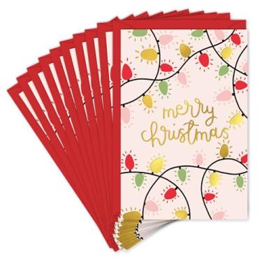 Imagem de Whaline 24 peças cartões de agradecimento de Natal, cordão de luzes, cartões de felicitações folha dourada cartão de notas em branco com adesivo de envelope para convites de festa de inverno, 10 x 15