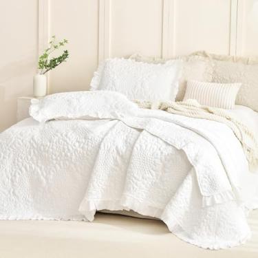 Imagem de Masaca Conjunto de cama king grande com babados brancos (299,7 cm x 269,2 cm), conjunto de cama king California de microfibra lavada com pedra enrugada para todas as estações