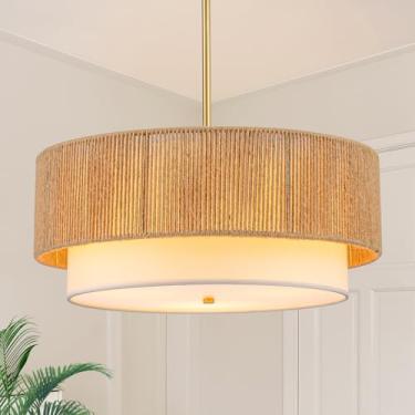 Imagem de Lustres de vime de fazenda de 45 cm para sala de jantar, luminárias boho de 3 luzes com pingente de vime com lustres de tambor de sombra de tecido para quarto, sala de jantar, hall de entrada, cozinha