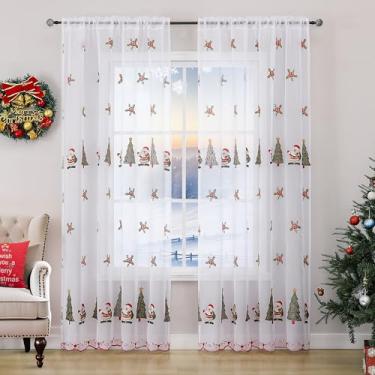 Imagem de BROSHAN Cortinas de janela de Natal transparentes bordadas vermelhas de 213 cm de comprimento para sala de estar - Conjunto de 2 painéis com 2 painéis para decoração de quarto de férias de inverno