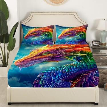 Imagem de Jogo de cama solteiro com estampa de dragão colorido, para decoração de quarto de meninas e adolescentes 3D, microfibra macia, escamas de dragão arco-íris (1 lençol com elástico + 1 fronha)