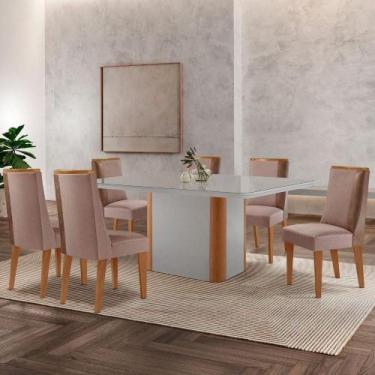 Imagem de Mesa De Jantar Isadora 180cm Tampo Mdf Vidro Com 6 Cadeira Diane Linho