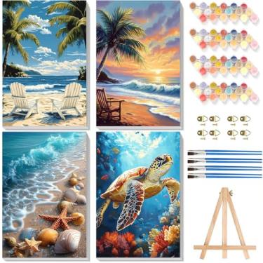 Imagem de Pacote com 4 tintas por números para adultos com tela emoldurada - com cavalete de madeira, pintura de praia por número em tela, kits de pintura a óleo acrílica de tartaruga marinha DIY com pincéis