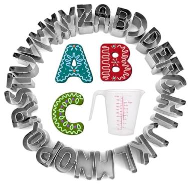Imagem de Conjunto de 26 cortadores de biscoito alfabeto com copo medidor de 500 ml, ferramenta pequena de cortador de biscoito de aço inoxidável de 2,5 cm, molde de massa de frutas para cozinha, Halloween