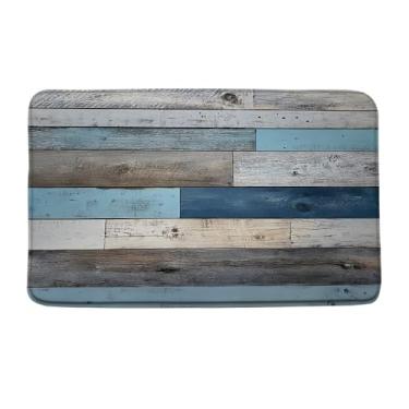 Imagem de Tapete de banho de madeira rústica azul azul-petróleo vintage porta de celeiro país fazenda ocidental placa de imitação tapete de porta de banho tapete de microfibra tapete de espuma de memória 45 x