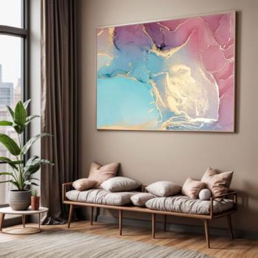 Imagem de Quadro com Moldura Sala Quarto Abstrato Azul e Rosa Mármore Decorativo Horizontal Grande Hall
