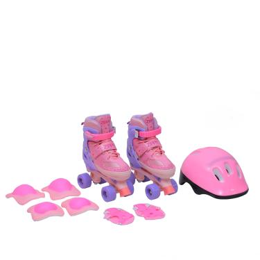 Imagem de Zippy Toys, Kit de Patins Infantil Ajustável com Capacete Joelheira Cotoveleira e Munhequeira Clássico 34 ao 37, Rosa e Lilás