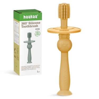 Imagem de haakaa Escova de dentes de bebê 360° com base de sucção – limpeza suave para treinamento de autoescovação infantil, silicone de grau alimentício, escudo de segurança ajustável – mostarda (1 peça)