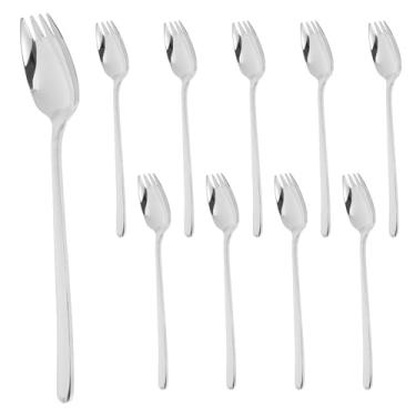 Imagem de 10 garfos de aço inoxidável, garfo de salada, reutilizável, lavável na lava-louças, garfos de sobremesa, confortáveis para segurar garfos de frutas, conjunto portátil de garfo de metal para casa