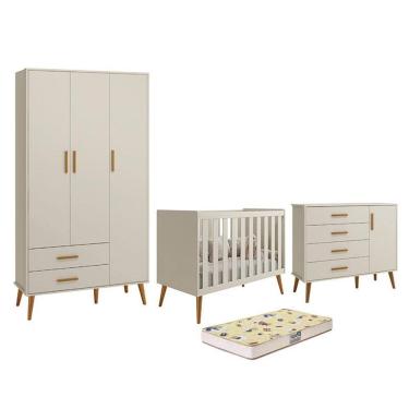 Imagem de Dormitório Infantil Isis Guarda Roupa 3 Portas, Cômoda 1 Porta e Berço Areia com Colchão D18 - Reller Móveis