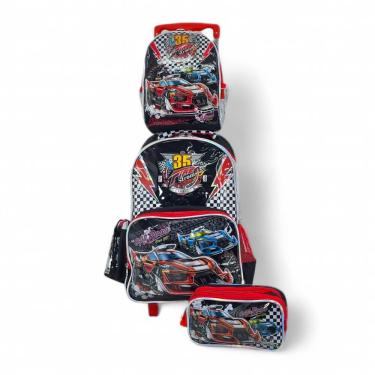 Imagem de Kit mochila rodinha escolar lancheira estojo Fire Storm car