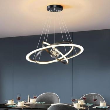 Imagem de Lustre moderno pendente de luz sala de jantar 3 anéis LED escurecimento lustre luminária corda filamento bola de vidro circular redondo lustre para quarto sala de estar, preto tricolor escur
