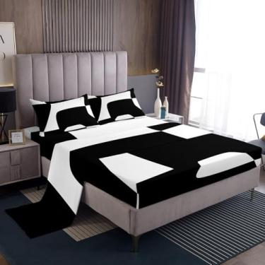 Imagem de Erosebridal Jogo de lençol casal preto e branco, geométrico, geométrico, listrado, geométrico, arte moderna, simples, estético, moderno, lençol com elástico