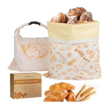 Imagem de Pacote com 2 sacos de pão de cera de abelha, sacos de pão encerado reutilizáveis para massa fermentada e pães caseiros, saco de armazenamento de cera de abelhas de algodão natural 43 x 33 cm - melhora