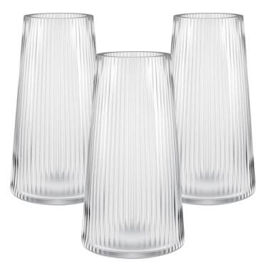 Imagem de 3 vasos de vidro de 20 cm de altura para flores, vasos de flores para buquês, vasos de vidro modernos, vaso canelado transparente para sala de estar, quarto, mesa de jantar, escritório, casamento