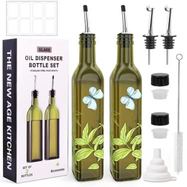 Imagem de COOLMI Dispensador de azeite de oliva de 500 ml - Garrafa de vidro verde, galheteiro de vinagre de 500 ml com despejadores, funil e etiquetas - Garrafa de óleo de cozinha (borboleta)