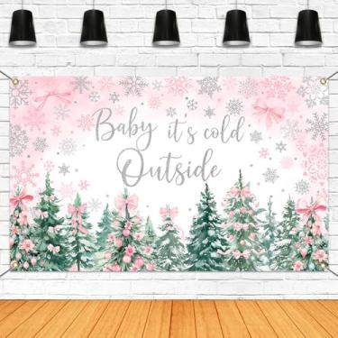 Imagem de Mocsicka Pano de fundo de chá de bebê de inverno Baby It's Cold Outside Party Banner Pink Winter Wonderland para meninas chá de bebê artigos de festa de aniversário (rosa, 179,8 x 110 cm)