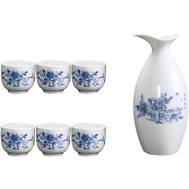 Imagem de JOEUQK Conjunto de copos de saquê de 7 peças, conjunto de copos de saquê de cerâmica retrô tradicional estilo japonês, com 6 xícaras de saquê, 1 pote de saquê. Design elegante, melhor presente para