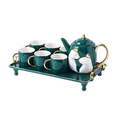 Imagem de CUTPOIY Bule de chá verde escuro com aro dourado conjunto de chá de cerâmica caneca criativa simples casa chá da tarde copo de água bandeja de armazenamento