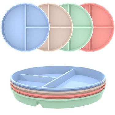 Imagem de 8 peças de pratos de jantar divididos 23 cm, placa de controle de porção empilhável com 3 compartimentos para perda de peso, pratos reutilizáveis de palha de trigo, seguro para micro-ondas para