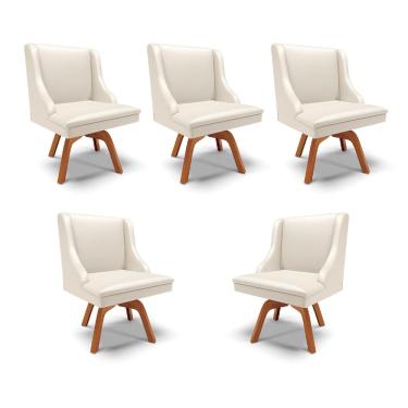 Imagem de Kit 5 Cadeiras Decorativas Sala de Jantar Base Giratória de Madeira Firenze PU Bege/Natural G19 - Gran Belo