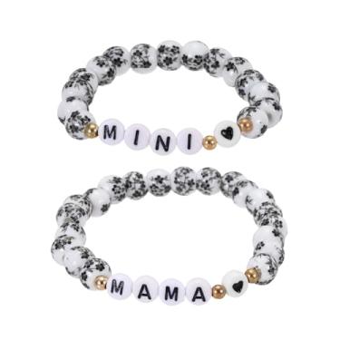 Imagem de PATIKIL Conjunto de pulseiras de contas mãe e filha, 2 peças MAMA e MINI com elos de coração combinando, pulseira de porcelana azul e branca, cordão elástico feito à mão com bolsa para presente de mãe