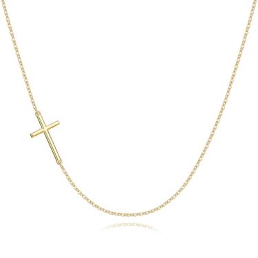 Imagem de Inerney Colar feminino com cruz delicada, banhado a ouro 14 K, banhado a prata Samll com pingente de cruz lateral, simples, moderno, batismo, religiosa, fé cristã, joias presentes para Páscoa e Natal