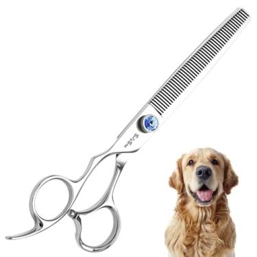 Imagem de 7 polegadas esquerda cão cuidado tesoura, japonês VG10 aço profissional animal de estimação tesoura, 50 dentes mais fino com segurança sem ruído ponta blunt, taxa de diluição de 30%