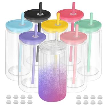 Imagem de AZEAM Copo de globo de neve de plástico com 8 peças, copo de parede dupla de 473 ml com orifício pré-perfurado, copos de globo de neve a granel com lábio e canudo coloridos, globo de neve com glitter