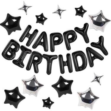 Imagem de Faixa de Feliz Aniversário, 13 peças, Letras Mylar de 40,6 cm com 12 balões de estrela, decorações de festa de aniversário para adultos - Preto 3D