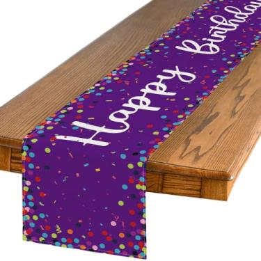 Imagem de Caminho de mesa de feliz aniversário de bolinhas roxas, decoração de mesa de jantar de cozinha sazonal para decoração de festa em casa 33 x 182 cm