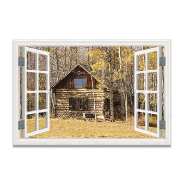 Imagem de LKXGRRSFG Impressão em tela de janela falsa Autumn Is HereImmersive, arte de parede cênica virtual para decoração de sala de estar 69,8 x 105 cm sem moldura