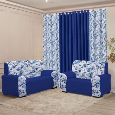 Imagem de Kit Sala Completo Cortina 3M Capa Sofá 2 e 3 lugar Coladinha Mista Dec