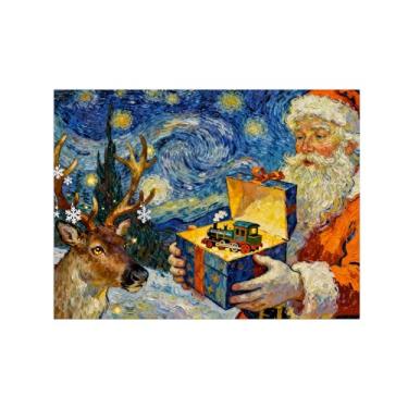 Imagem de Natal Quadro em tela-Noite Estrelada Homem Presente Veado-Imagem moderna decoração casa-Pôster impressões para sala estar 60x80cm24x31in Sem Moldura