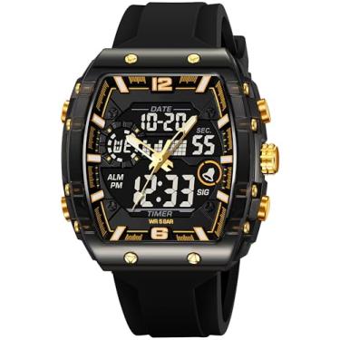 Imagem de Relógios masculinos modernos Tonneau Novidade Designer Elegante Relógio de Pulso com Alarme LED Dual Time 12/24H Calendário Colorido, Dourado, Casual