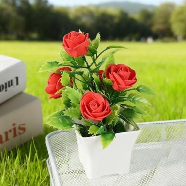 Imagem de Bonsai artificial de planta falsa simulação de flores rosas em vaso decoração de jardim decoração de mesa para casa (vermelho)